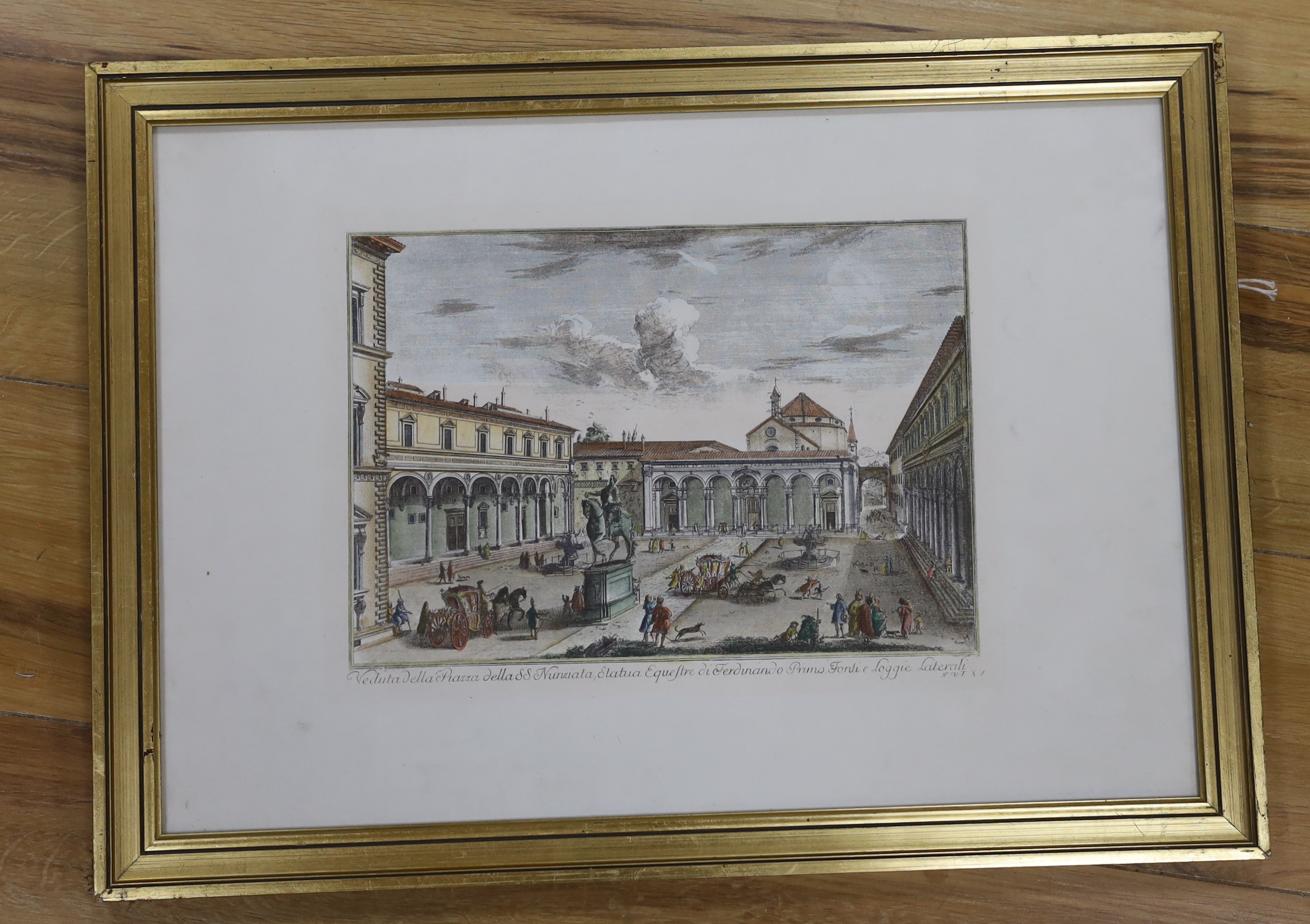 After Giuseppe Zocchi (Italian, 1716-1767), colour engraving, View of Nunziata Square, 33 x 48cm